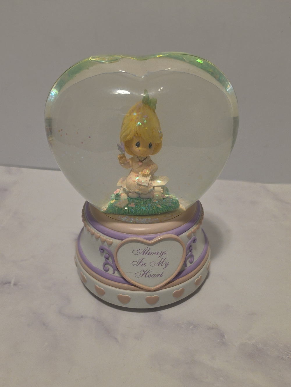 Precious Moment Heart Snow Globe Figurine - Lavender, White & Gold Accents
